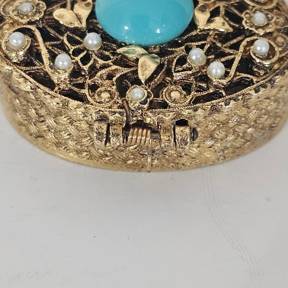 Vintage Gold Tone Filigree Pill Box Set Turquoise Blue Cabochon Faux Pearl 2pc